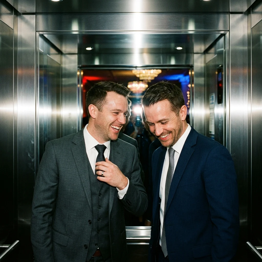 Two adult brothers in tailored suits sharing a quiet laugh in an elevator mirror