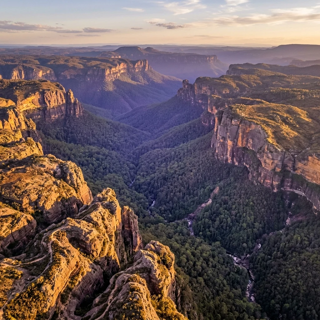 An aerial drone shot of the sheer sandstone cliffs of the Blue Mountains in the Great…