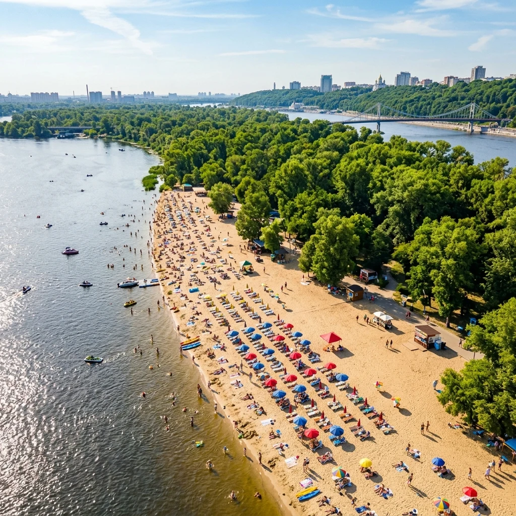 An aerial drone photograph of Trukhaniv Island beach in Kyiv