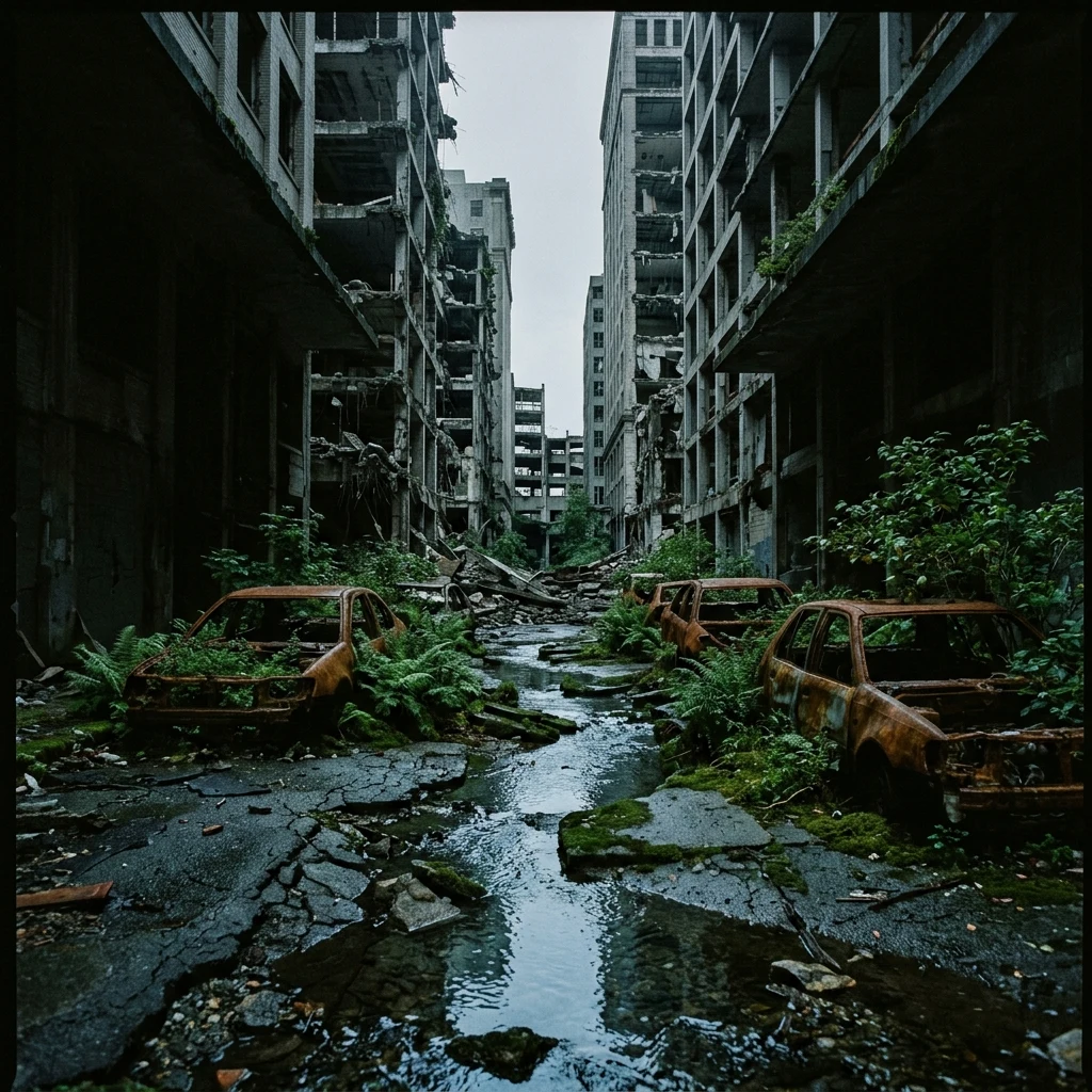 Nature reclaiming a shadowed urban canyon
