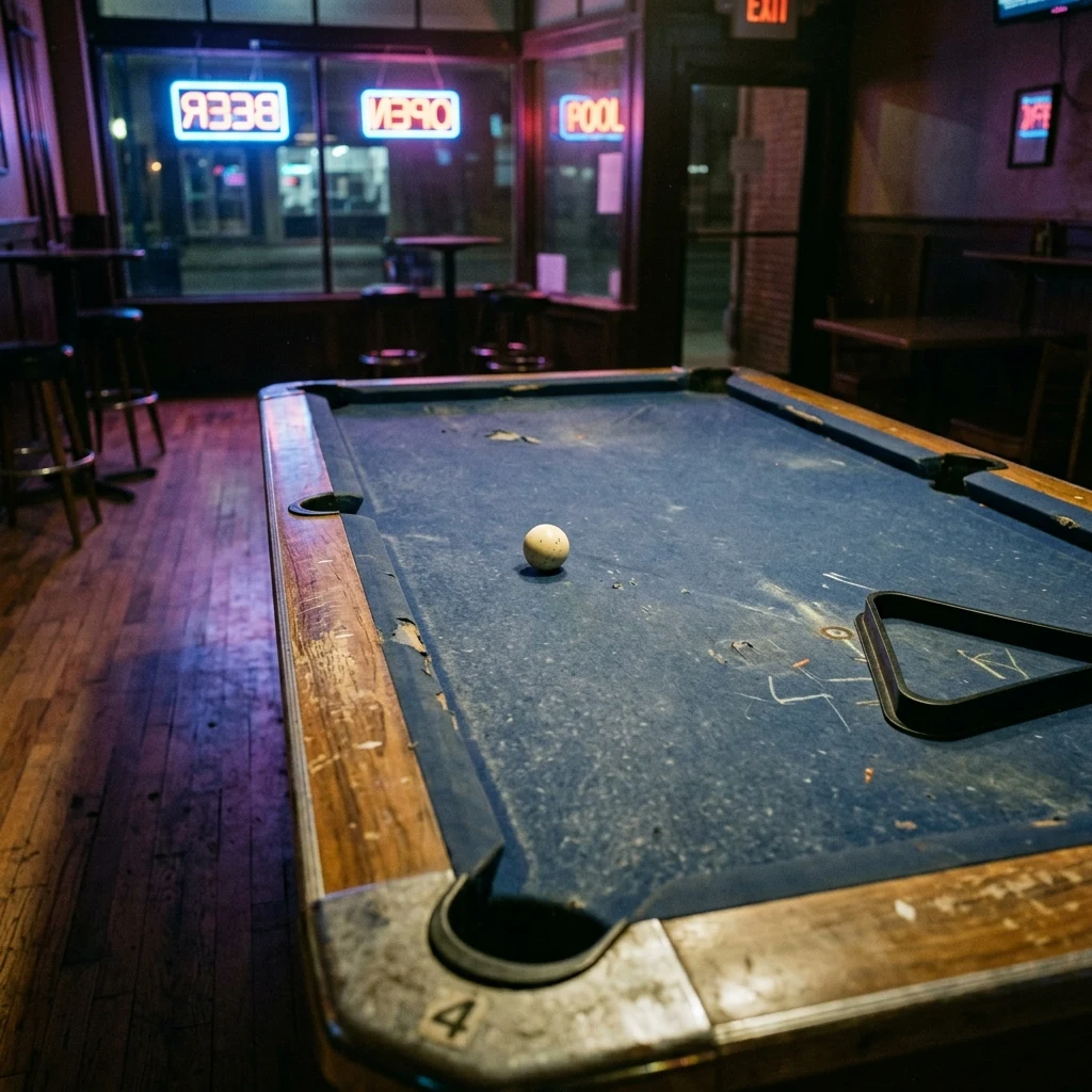 Pool table in a quiet tavern at night