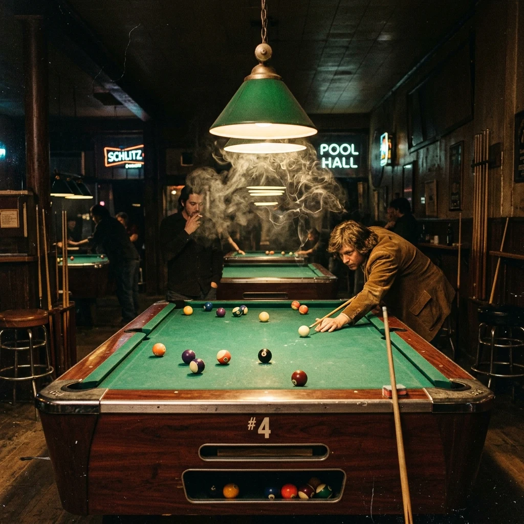 Vintage pool hall with green lamps