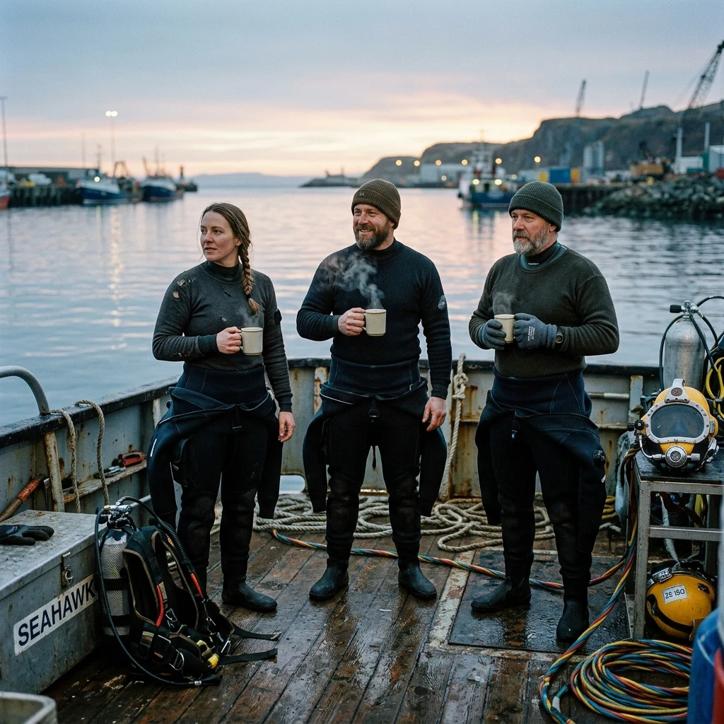 A commercial dive crew on the deck of a harbor support boat at dawn