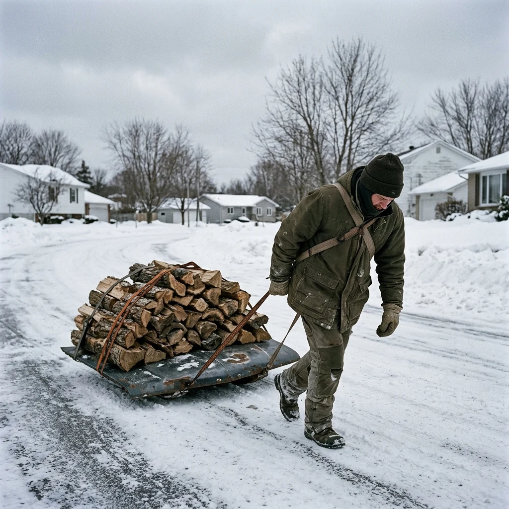 A survivor using a heavy steel car hood as a sled to haul firewood across a snow-covered…
