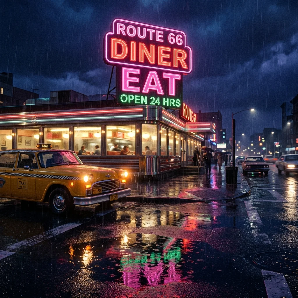 A street-level shot of a diner on a rainy night in 1988