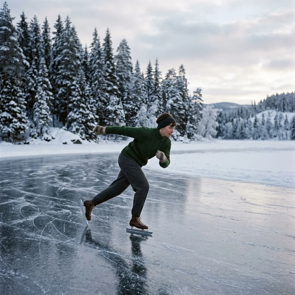 Skater on a frozen winter lake