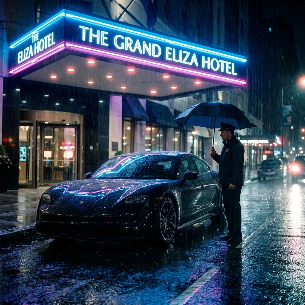 A sleek sports car idling outside a rain-soaked hotel entrance