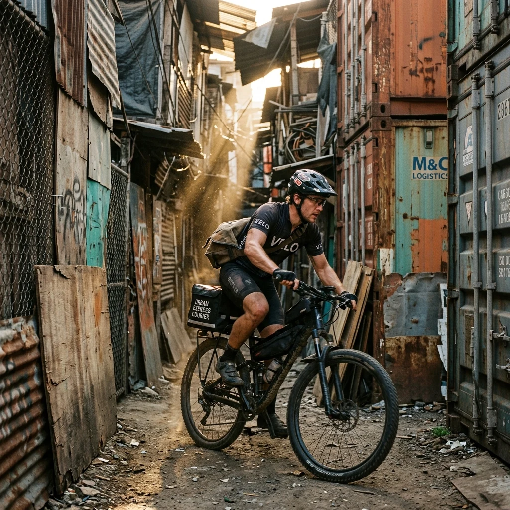 A mountain bike courier weaving through narrow shanty town corridors built from rusted…