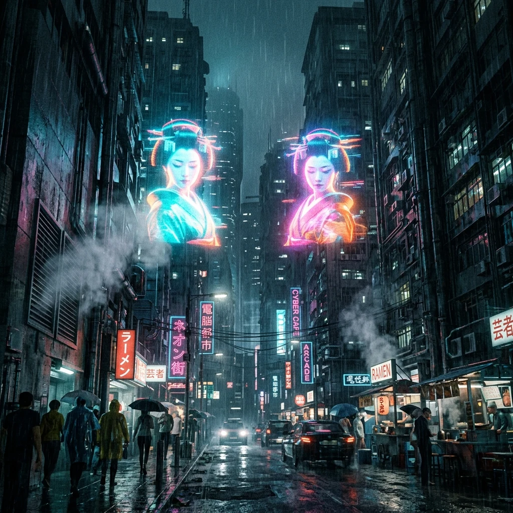 A towering dystopian megacity canyon flooded in continuous heavy rain