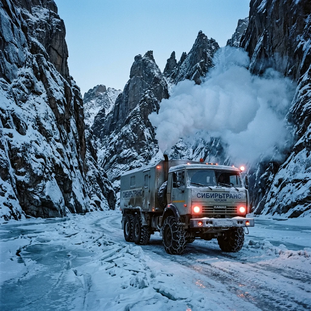 A ice-covered river highway cutting through a narrow canyon in the Chersky Range
