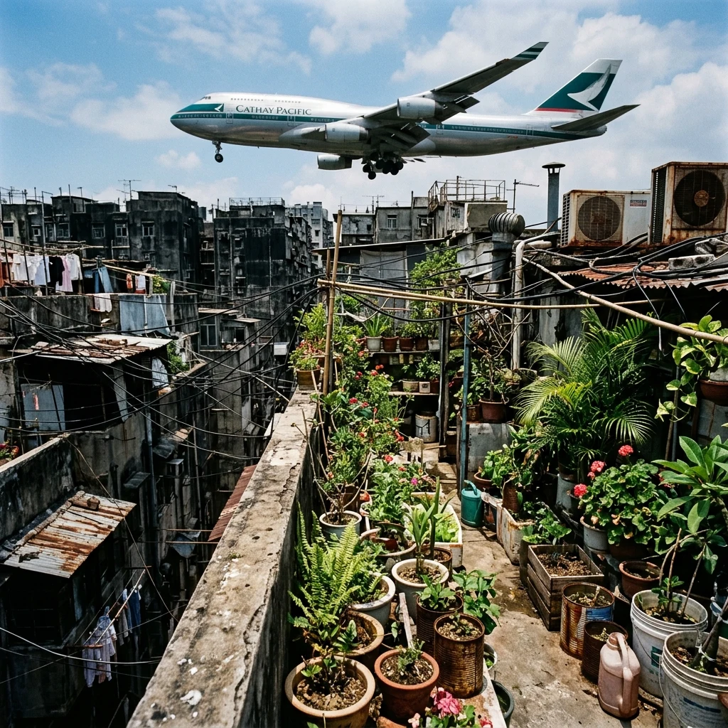 A daytime shot of a roof garden inside Kowloon Walled City