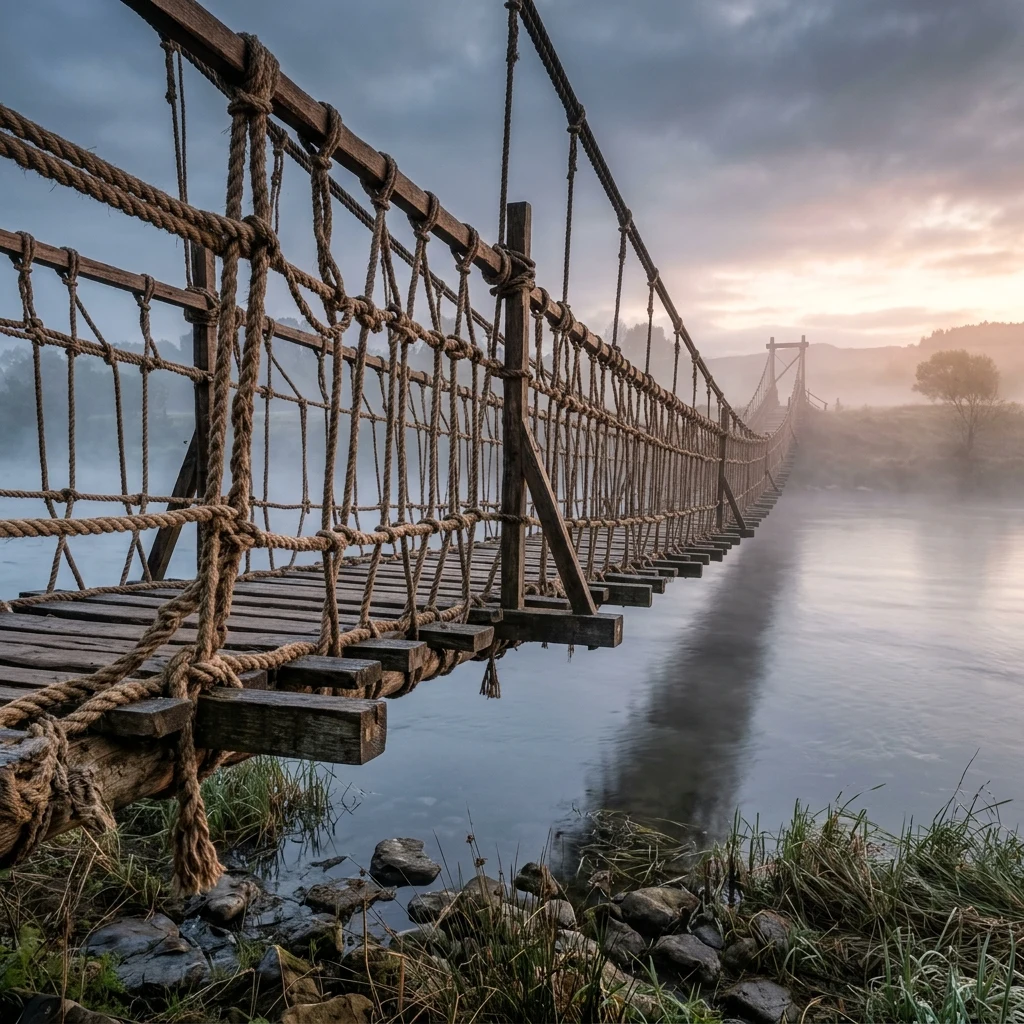 A collapsed bridge span rebuilt in rope and planking