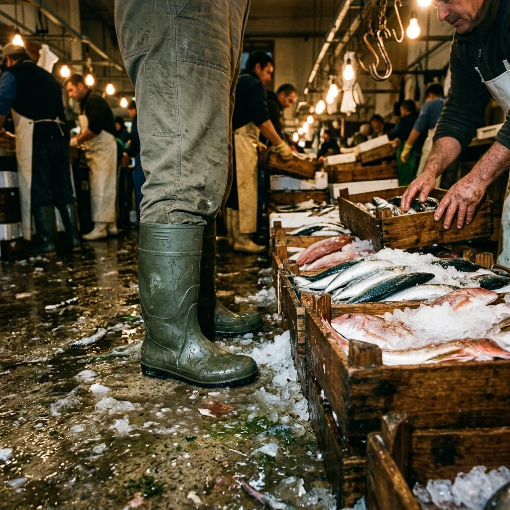 A pre-dawn fish market on wet concrete
