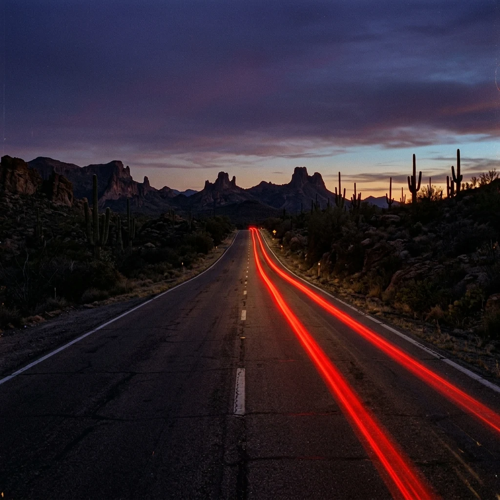 Desert highway at twilight with red lights