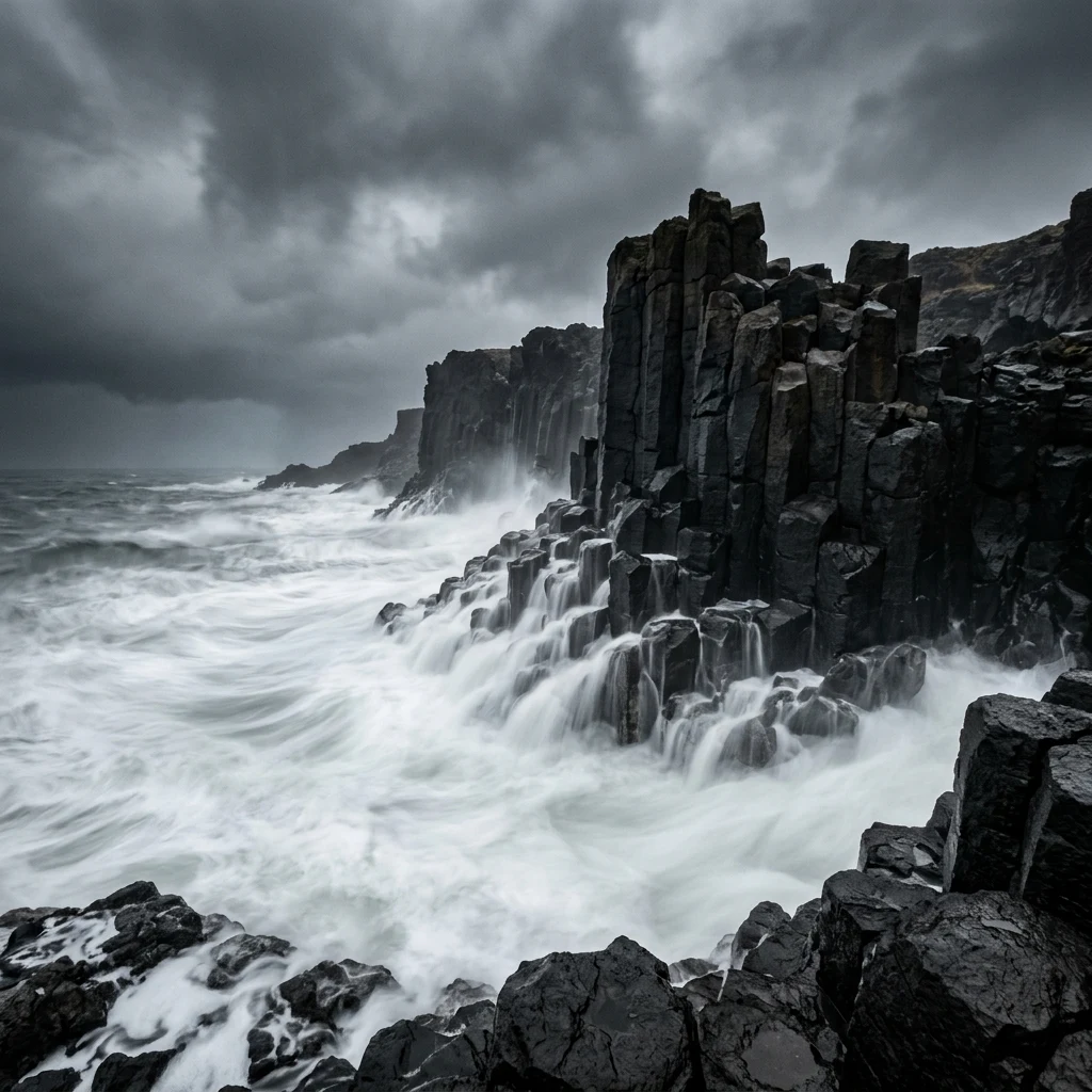 A volcanic basalt coastline in a storm