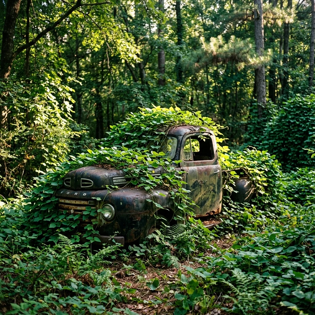 A rusting, forgotten 1950s pickup truck swallowed by kudzu vines in a deep Georgia woods…