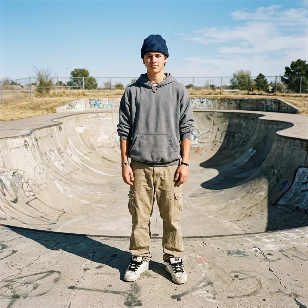 Person standing in an empty concrete skate bowl