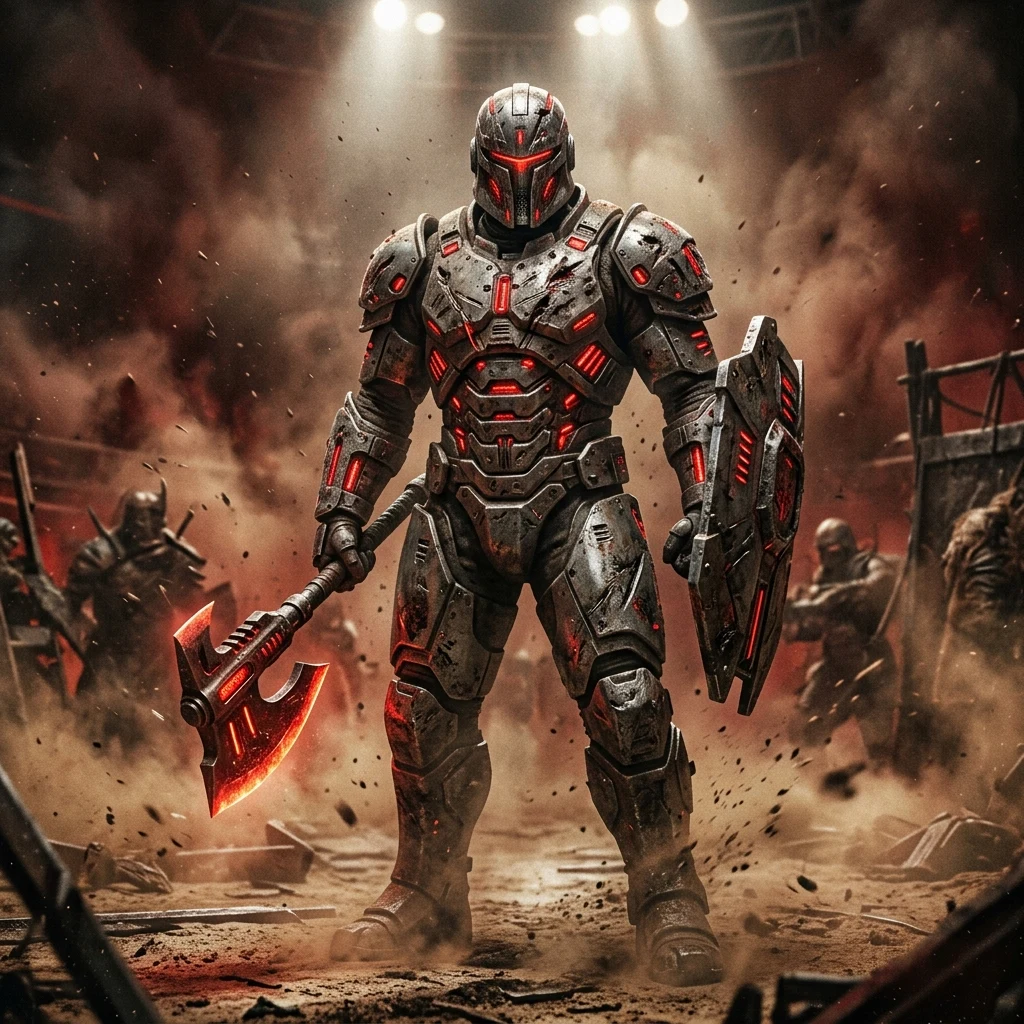 A futuristic gladiator in pitted titanium plate armor with glowing red thermal vents