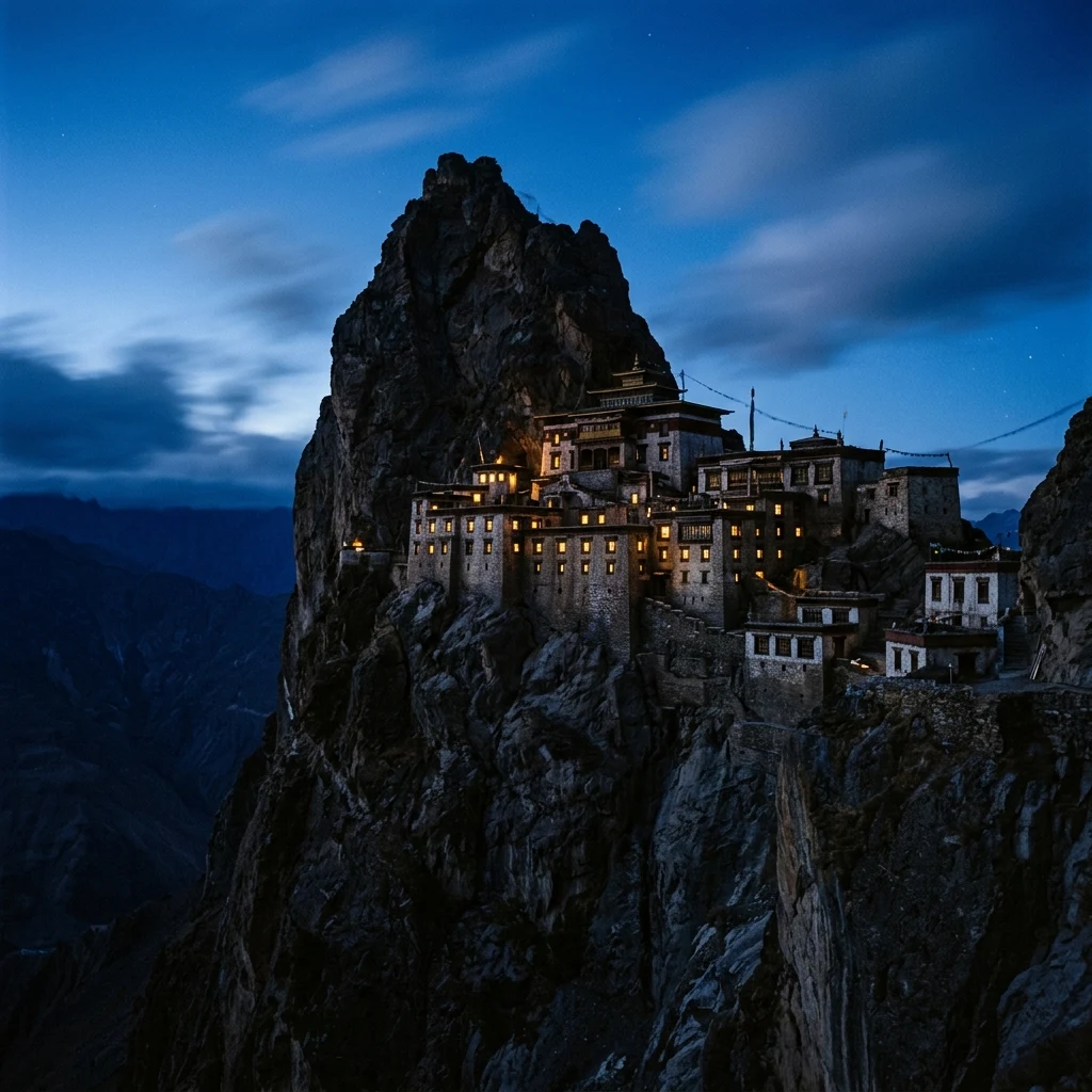 A long-exposure 4x5 large-format photograph of a remote Himalayan monastery perched on a…