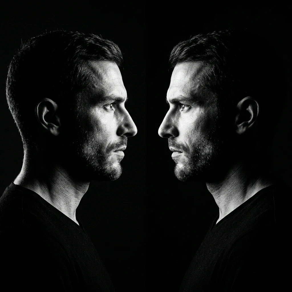 Identical twin men in their thirties standing face-to-face in a high-contrast shadow…