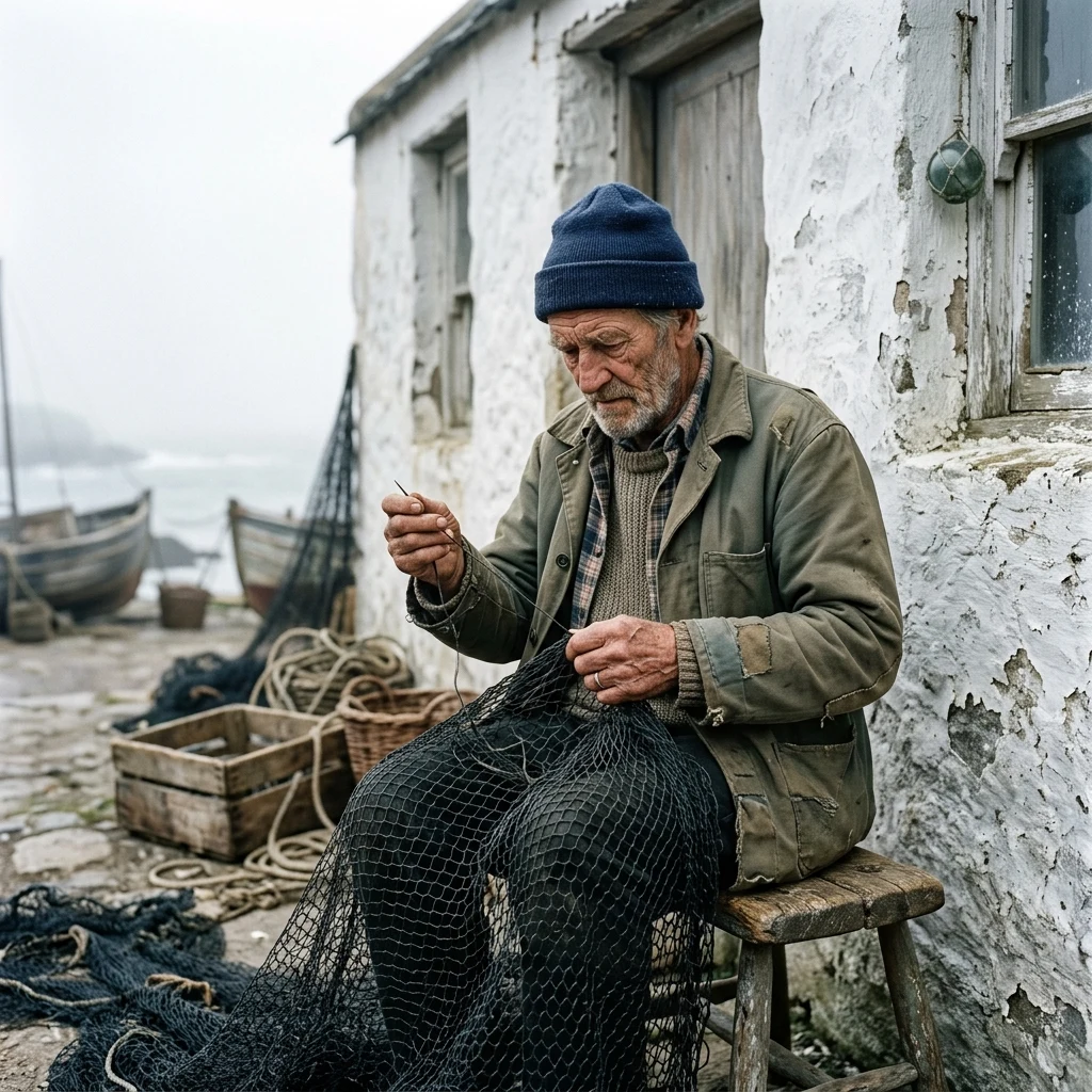 An elderly fisherman repairing a nylon net outside a whitewashed coastal cottage in Port…
