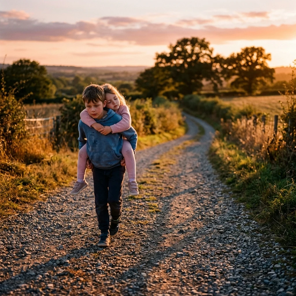 An eleven-year-old boy carrying his sleepy four-year-old sister piggyback down a gravel…