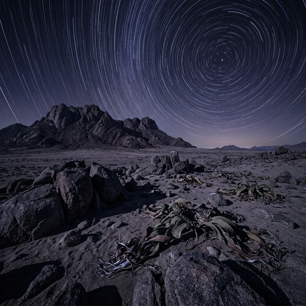 A star-trails long exposure over the jagged granite boulders and ancient Welwitschia…