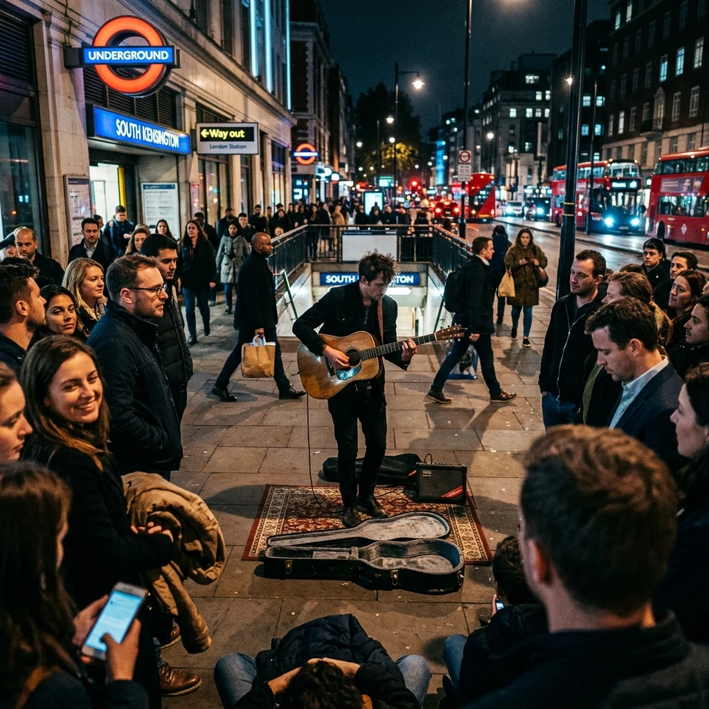 A street musician with a crowd thickening around him at a subway entrance