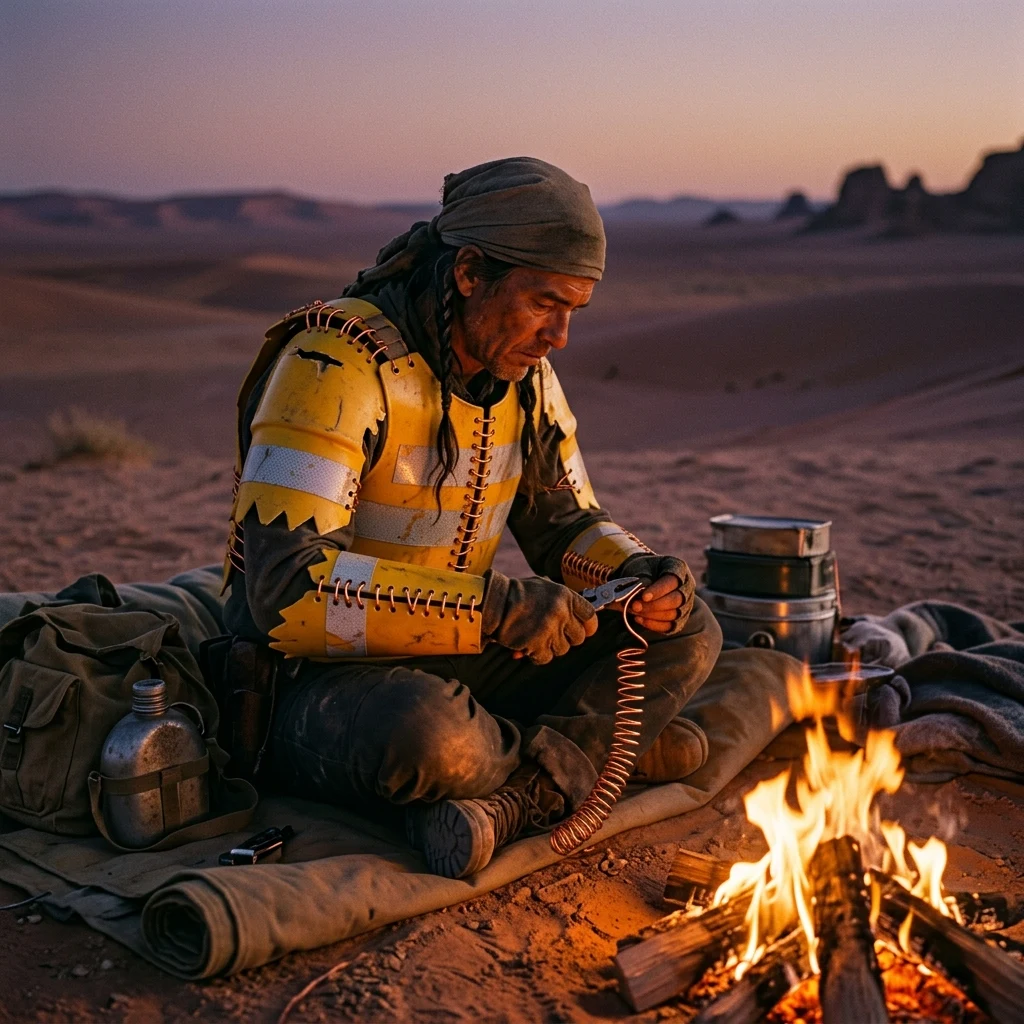 Scavenger crafting by a desert campfire