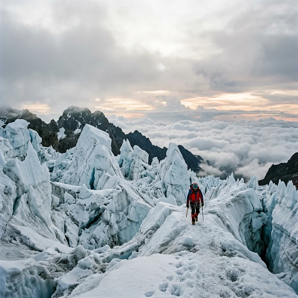 Climber on a jagged tropical glacier