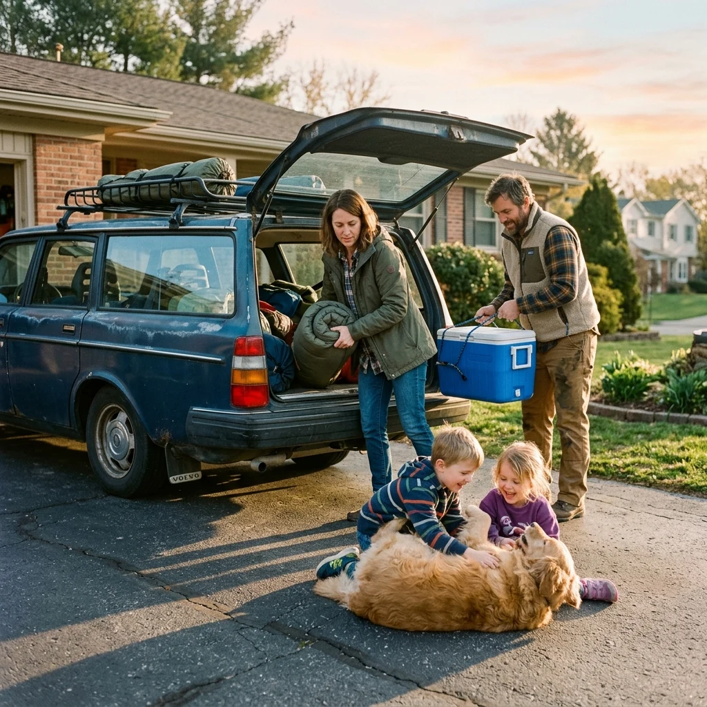 Family preparing for a morning road trip