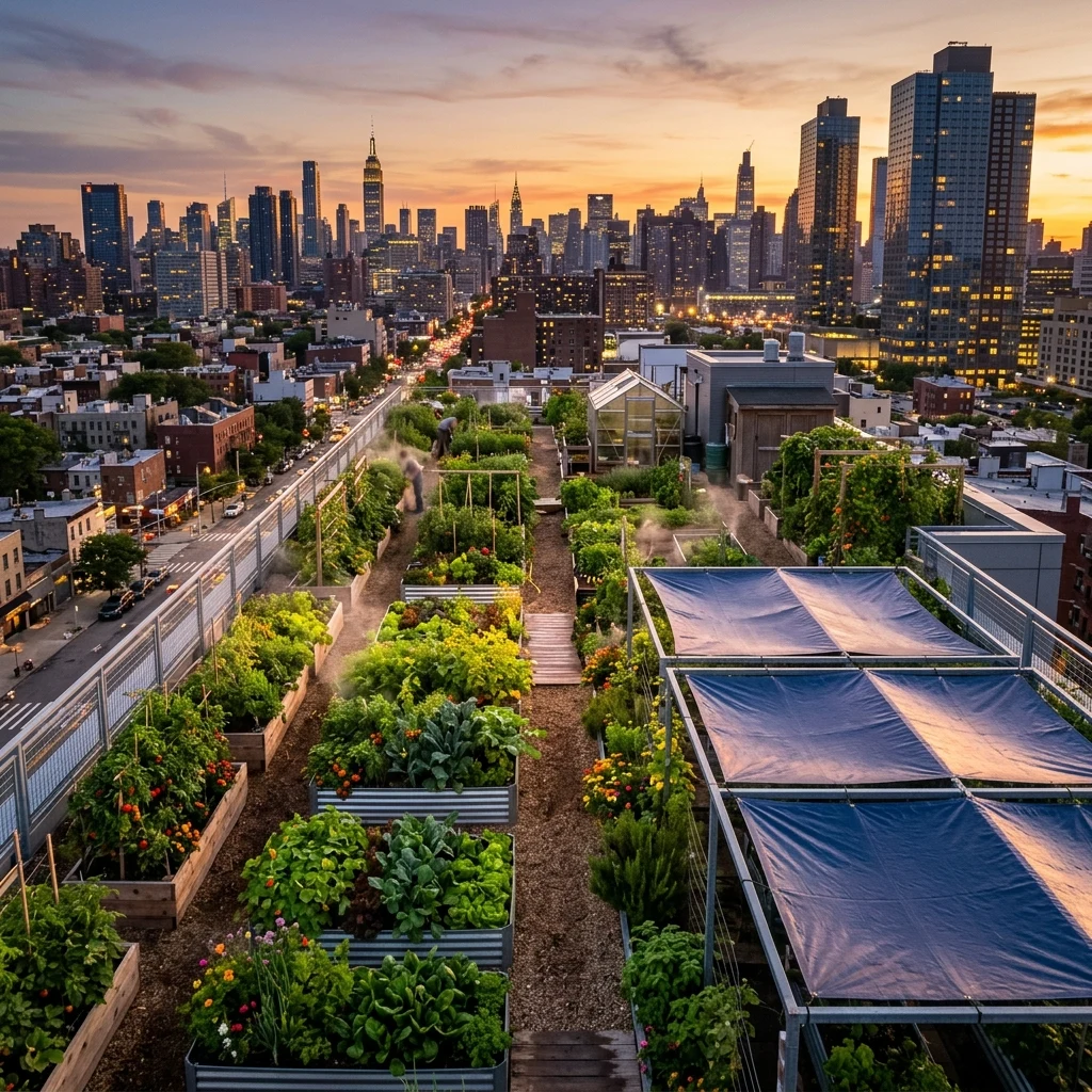 A rooftop farm on an apartment block with rainwater catchment tarps