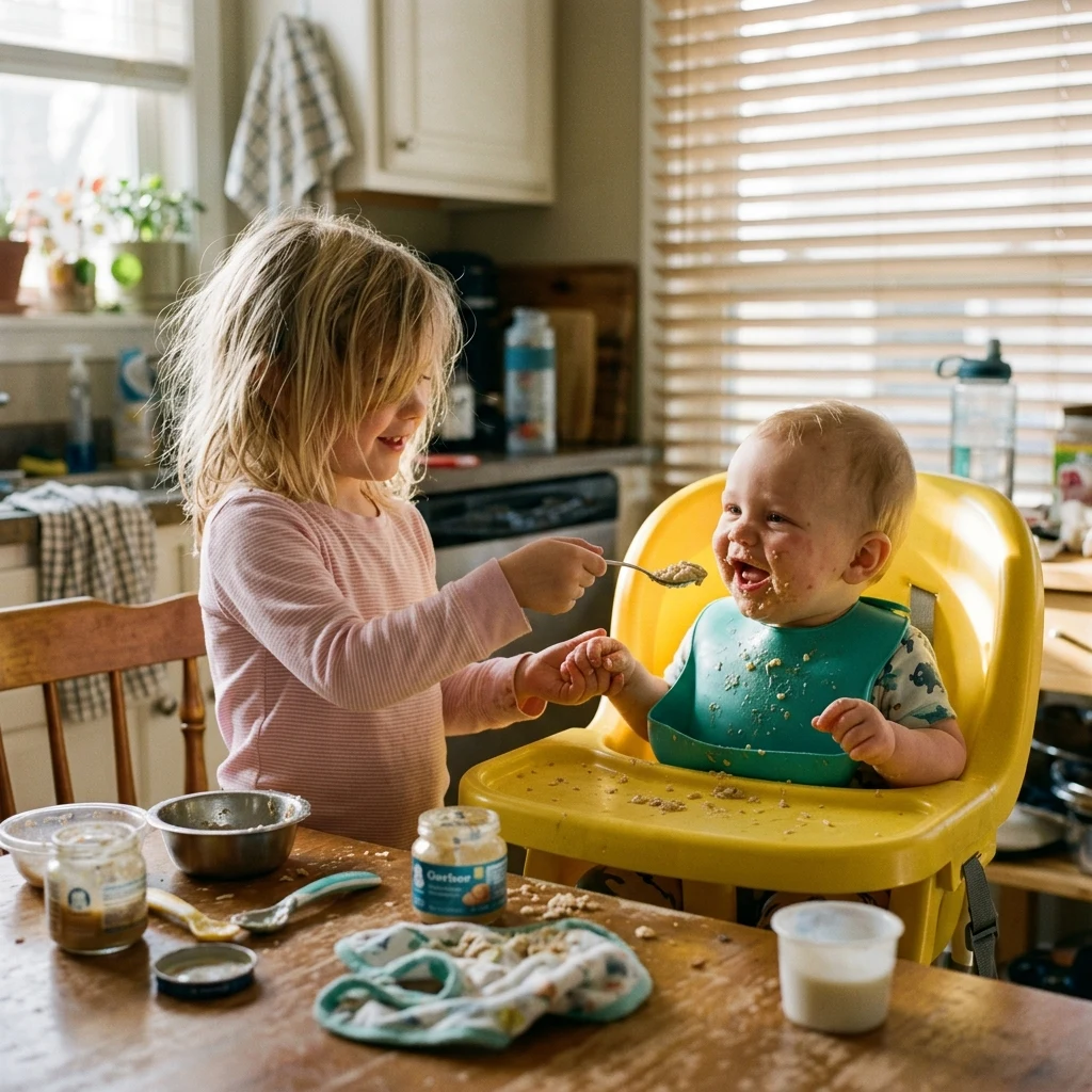 Child feeding cereal to a younger sibling