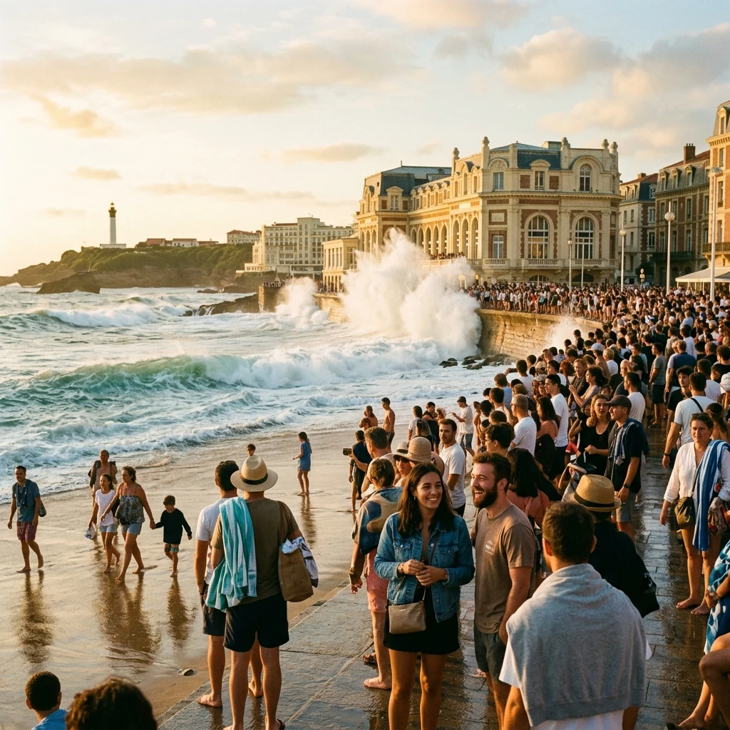 Crowd watching waves at a historic beach
