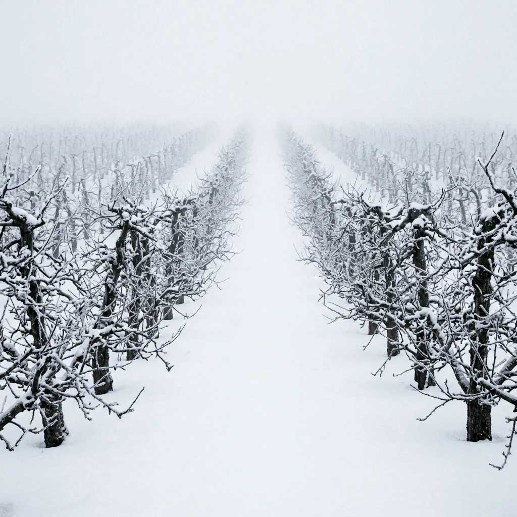 A snow-covered apple orchard in freezing fog