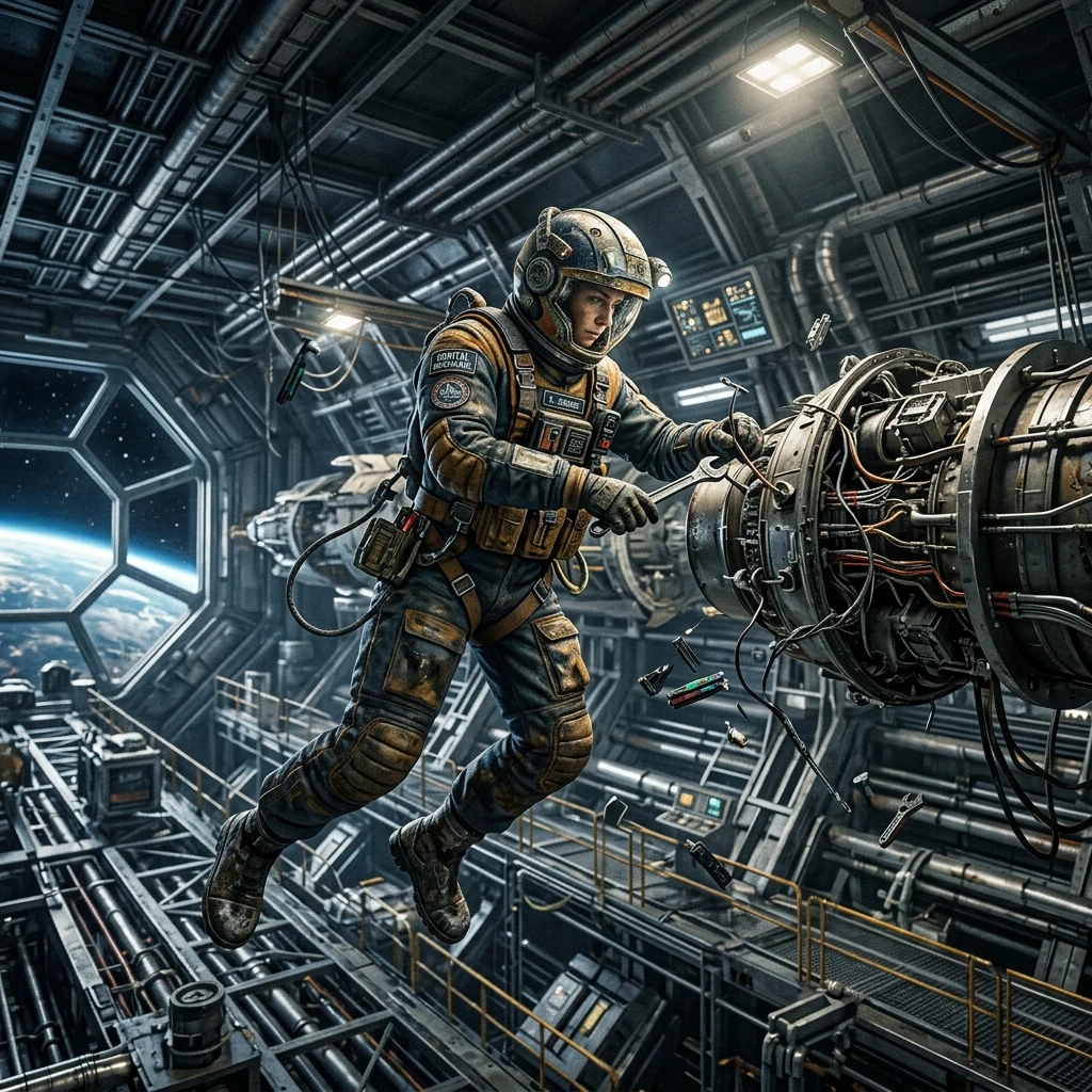 An orbital mechanic wearing a oil-stained padded utility suit with a chest-mounted tools…