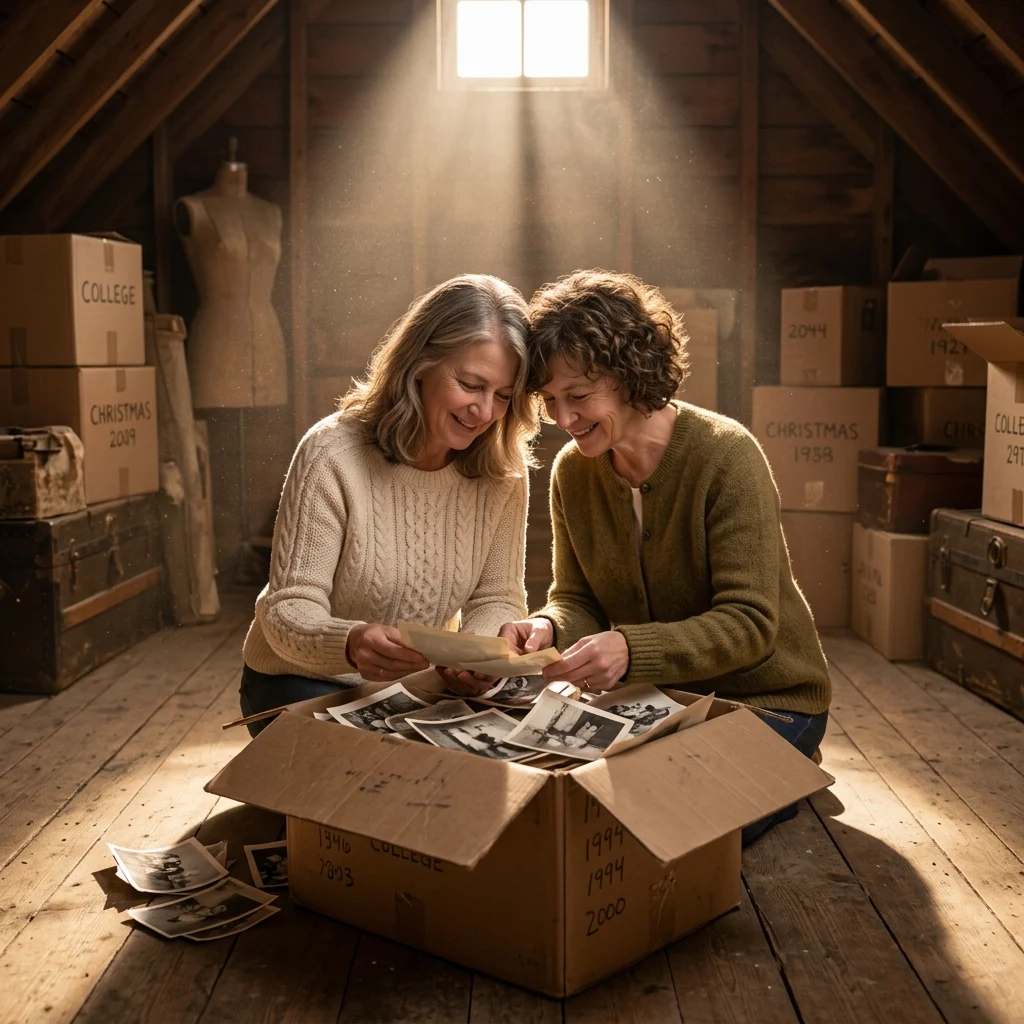 Two sisters in their fifties leaning over an open box of old black-and-white family…