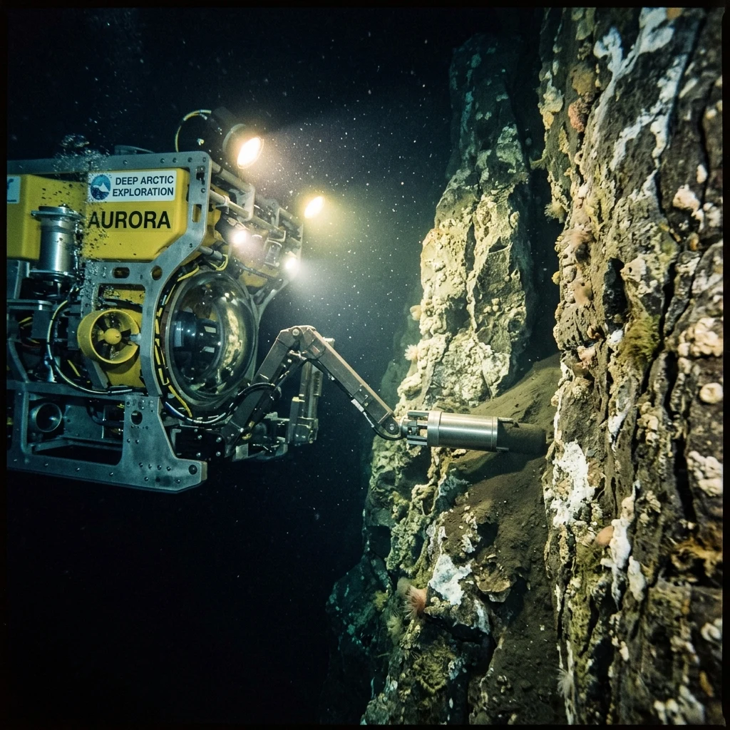 An illustration of a deep-submergence vehicle collecting ancient continental rock cores…