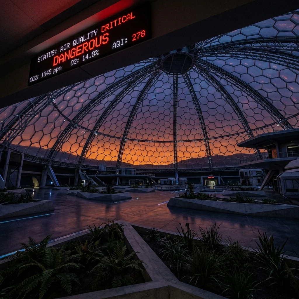 The interior of a sealed dome habitat at simulated sunset
