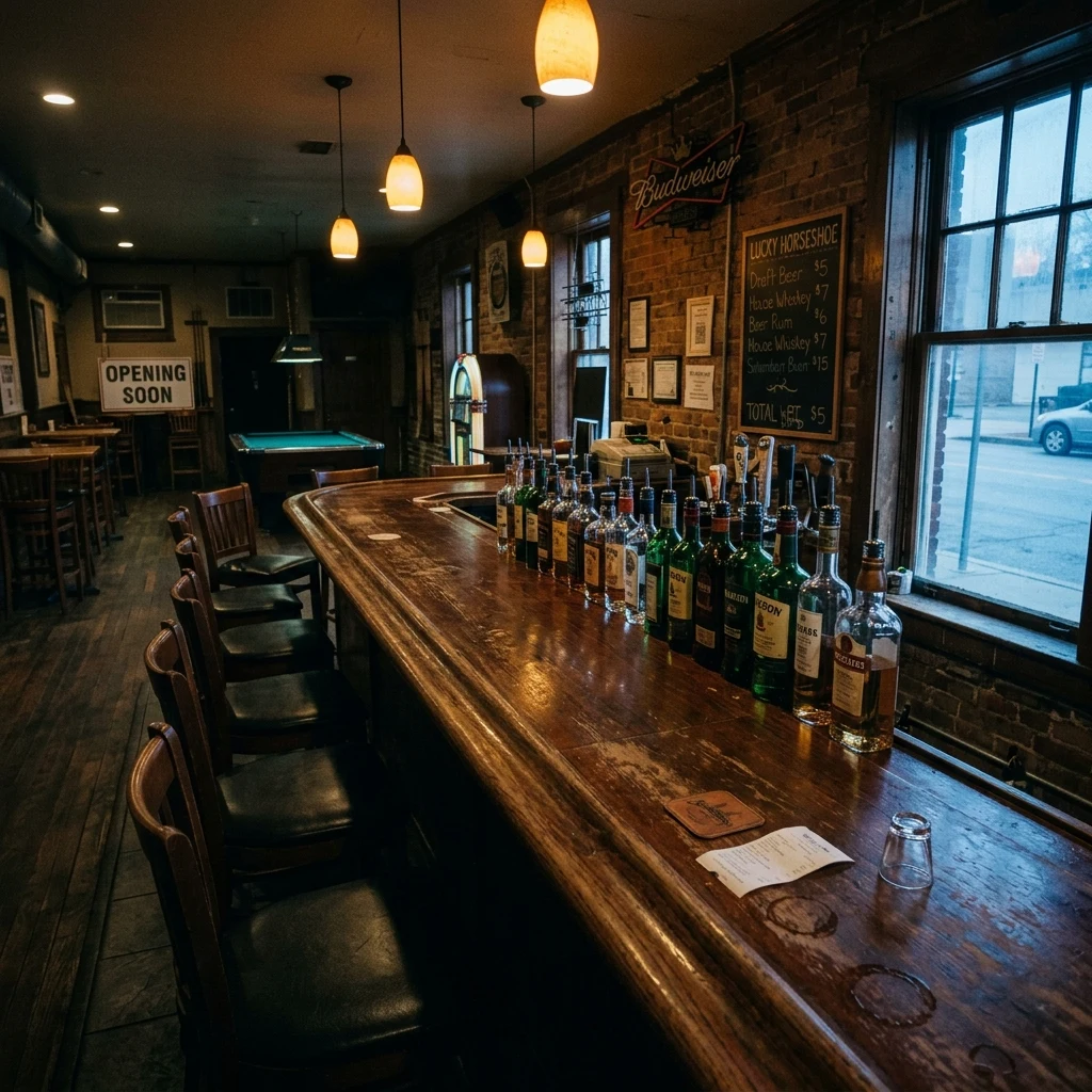 A dimly lit neighborhood dive bar in the early morning