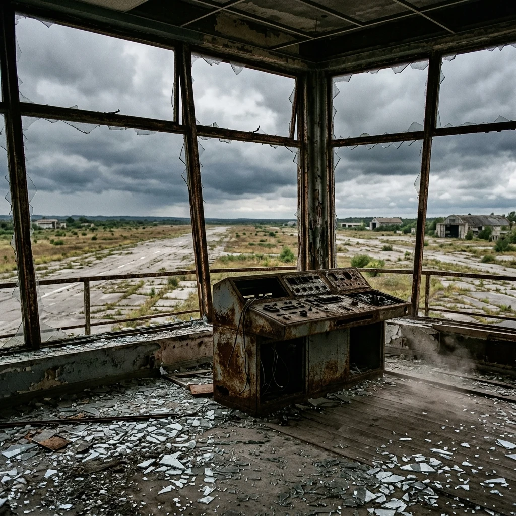Abandoned control tower overlooking a runway