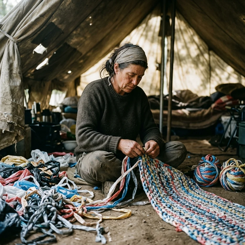 Weaving a mat inside a canvas tent