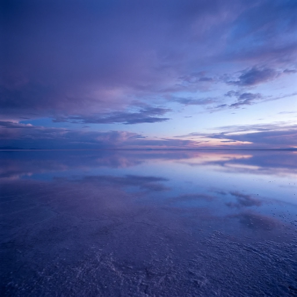 A vast salt flat in the Salar de Uyuni reflecting a violet blue hour sky after a light…