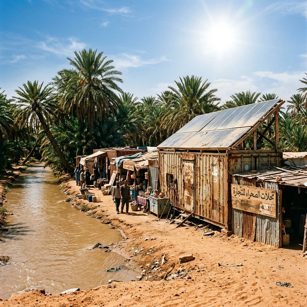 A makeshift trading post built from salvaged shipping containers and rusted corrugated…