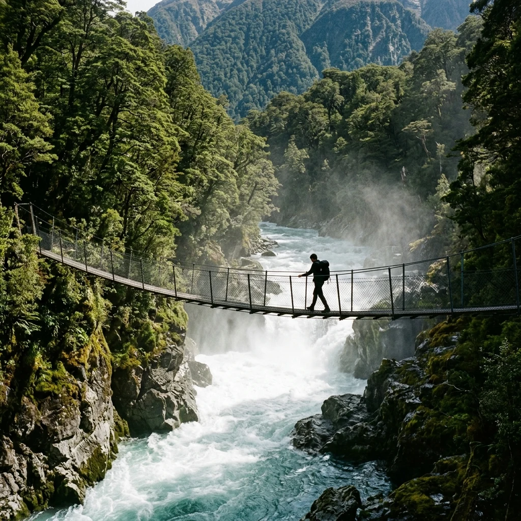 Crossing a suspension bridge over a river