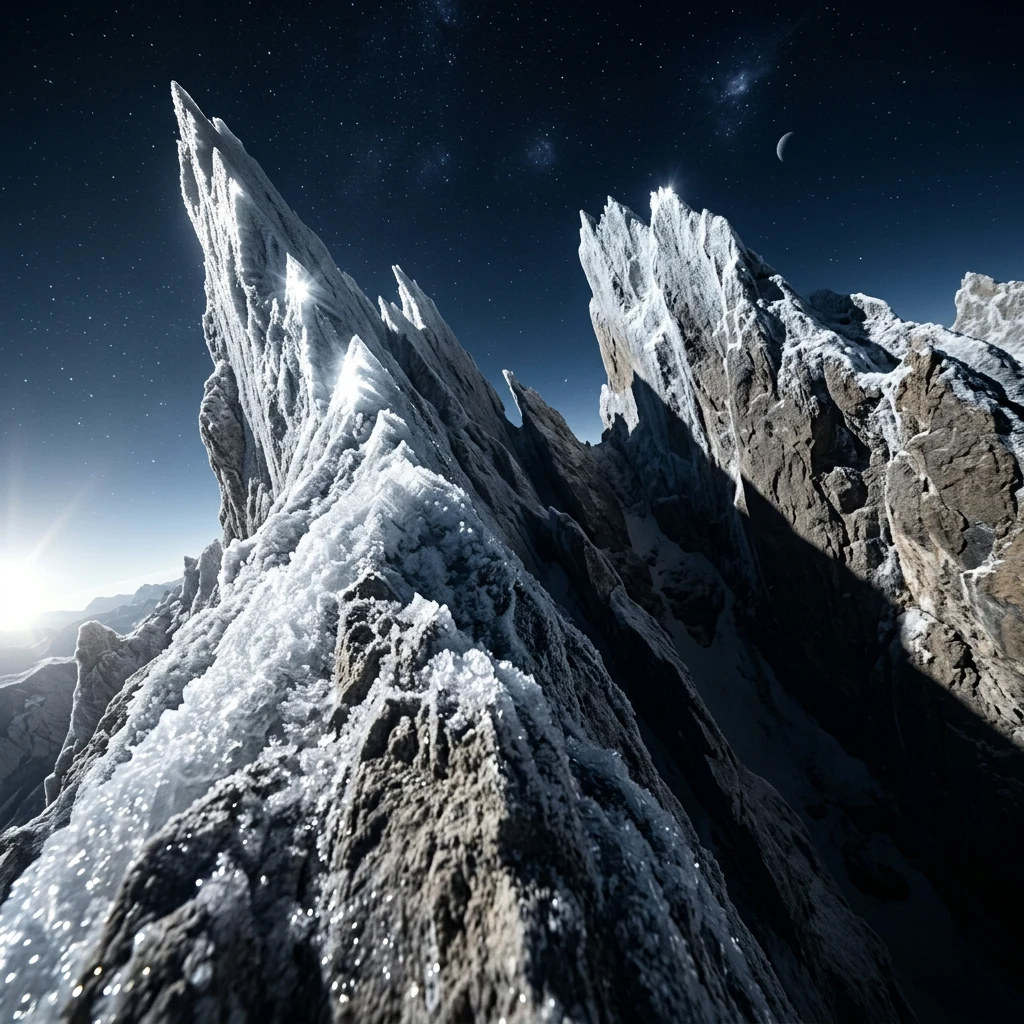 A close-up camera pass over the reflective ammonia-ice deposits on the high spires of…