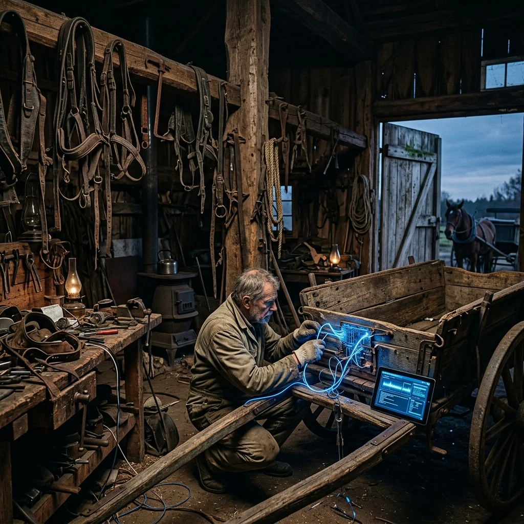Mechanic working on a rustic wooden cart