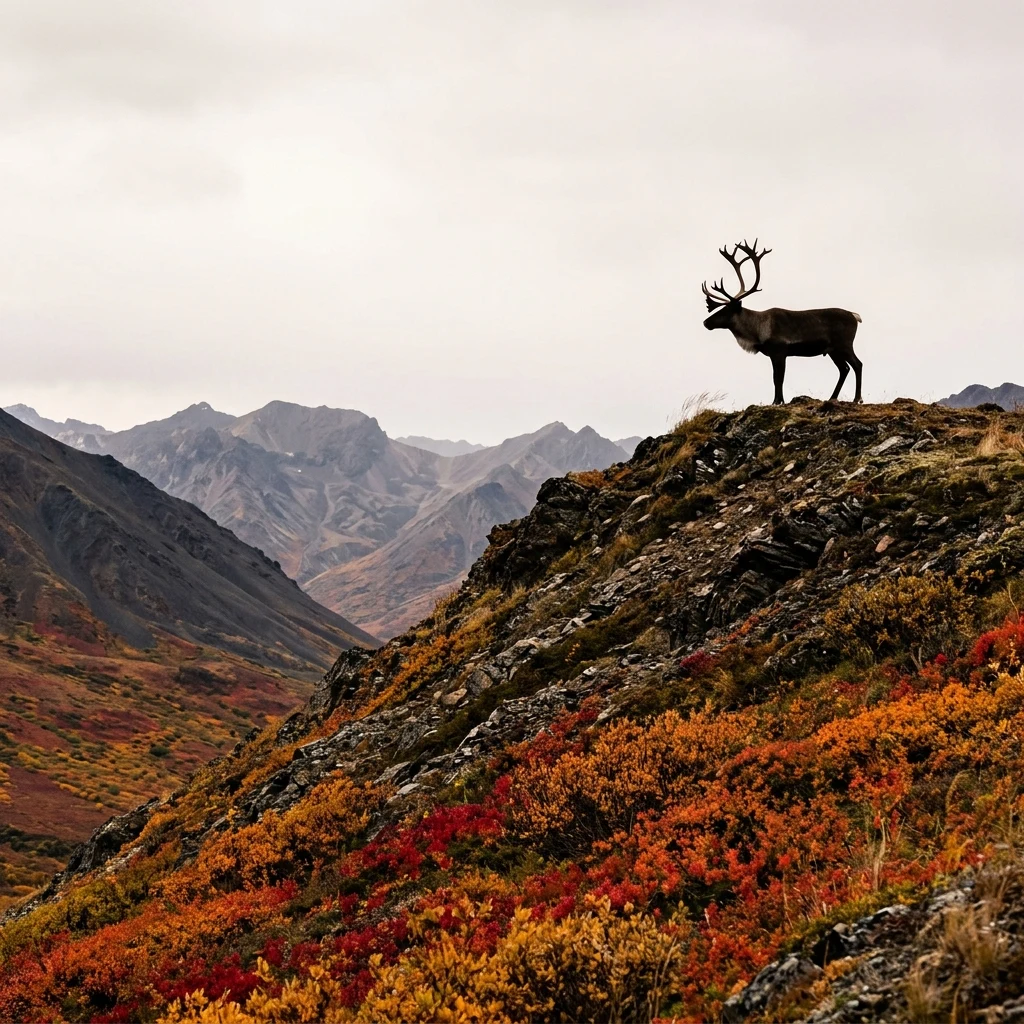 A lone caribou standing on a windswept arctic tundra ridge in the Brooks Range