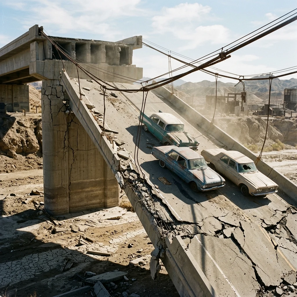 A collapsed concrete bridge overpass hanging suspended by rusted steel cables over a…
