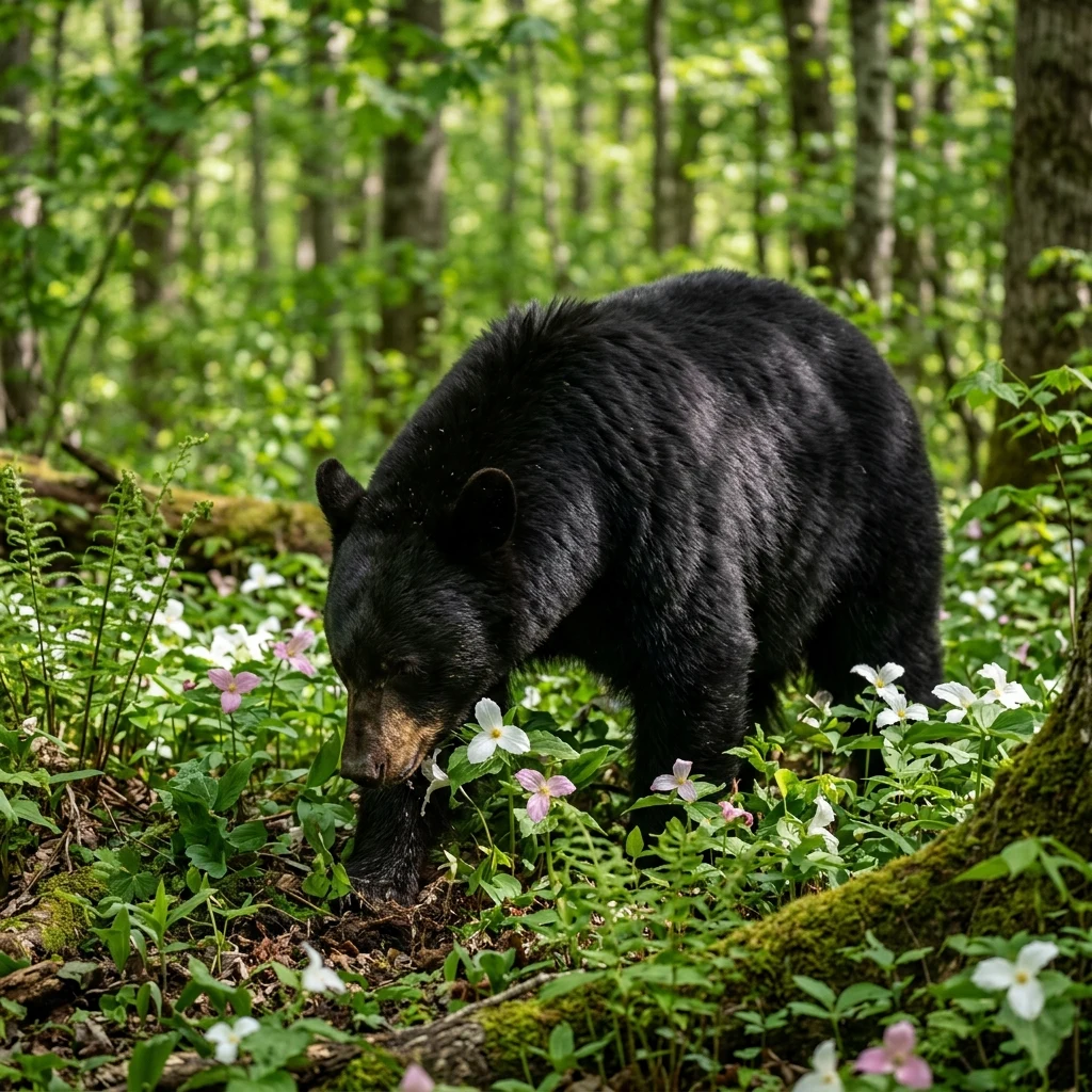A black bear foraging among wild spring trilliums in a sun-dappled hardwood forest in the…